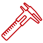 A red line icon of a caliper, a precision measuring tool, displayed at a diagonal angle on a transparent background