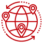 Red line icon of a globe with three location pins connected by arrows, symbolizing global logistics or worldwide connectivity