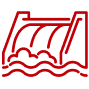 A red icon of a hydroelectric dam with water flowing through its gates into wavy lines below, symbolizing energy generation