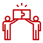 Red icon of two people each holding a puzzle piece that fits together, symbolizing collaboration or partnership