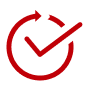 A red outline icon of a circular arrow forming a loop around a checkmark, symbolizing reliability, consistency, or completed process, on a transparent background