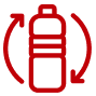 A red icon of a plastic bottle surrounded by two circular arrows, representing recycling or reuse of plastic containers