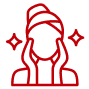 Red line icon of a person with a towel wrapped around their head, touching their cheeks, with sparkles on both sides symbolizing skincare or facial treatment