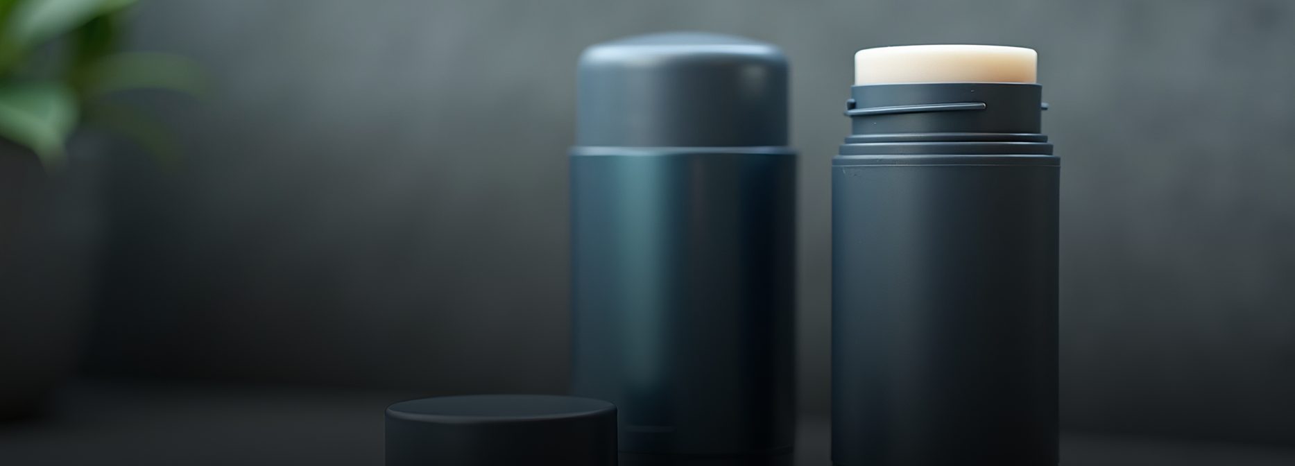 Close-up of two sleek, dark-colored deodorant sticks, one with the cap off revealing the cream product inside, against a blurred gray background