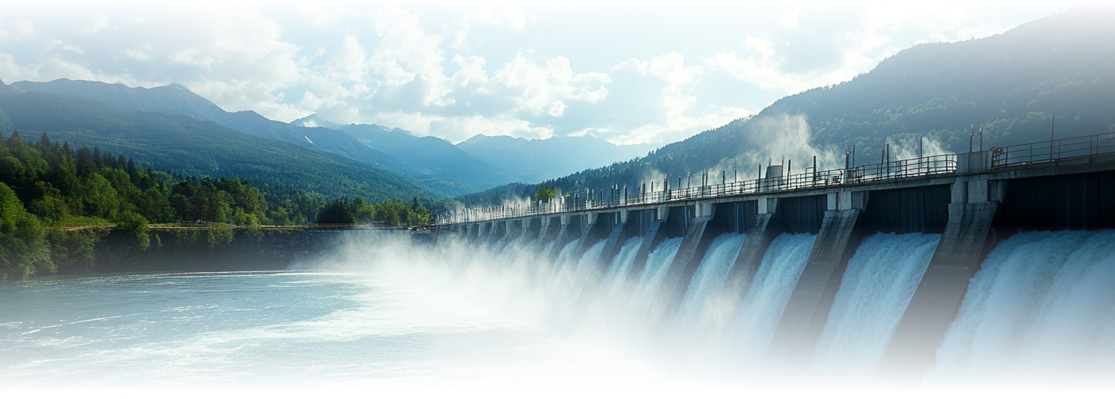 A large hydroelectric dam releasing water into a river, surrounded by lush green forests and misty mountains under a partly cloudy sky